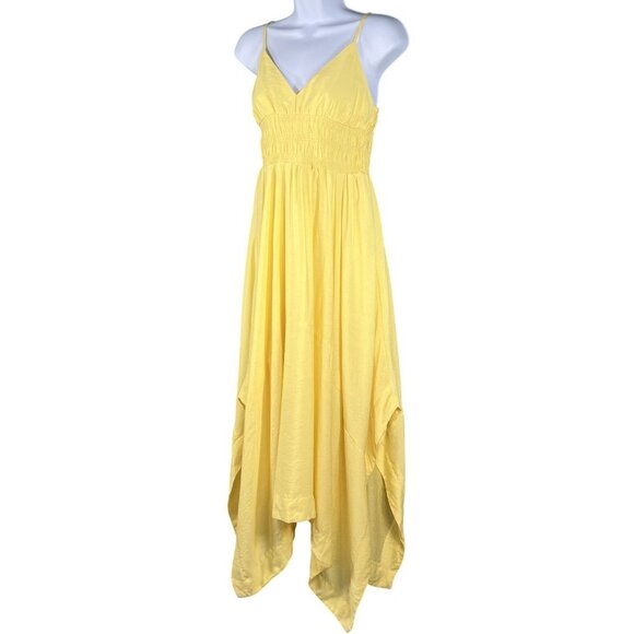 By The River NWT S Yellow Sleeveless Shirred Bodice Handkerchief Hem Maxi Dress - Picture 2 of 16